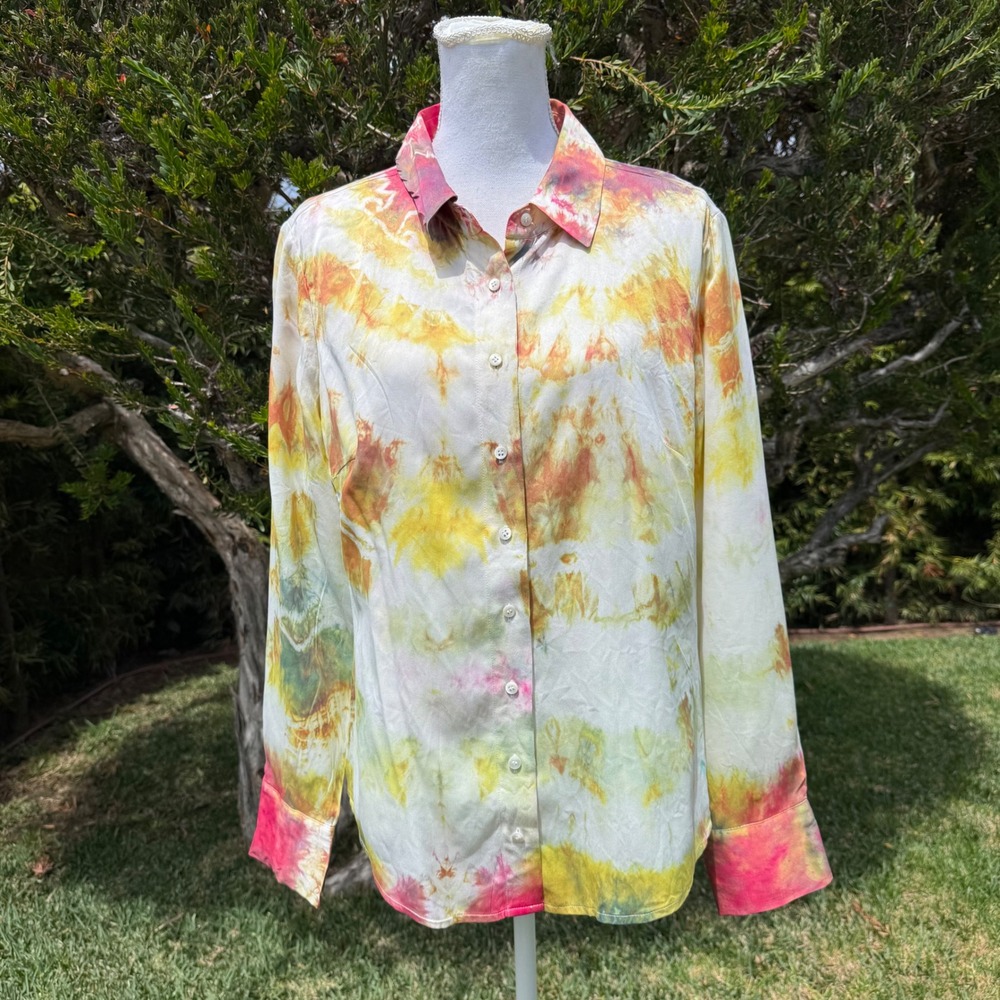 Pure‎ Collection 100% Silk Tie Dye Button Down Blouse Yellow Pink US 14/16 L XL